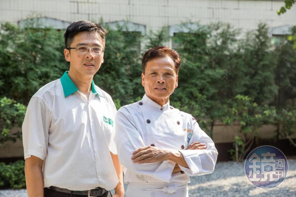 辦桌王汪義勇「阿勇師」（右）和兒子江士千共同經營「阿勇家餐飲事業」。