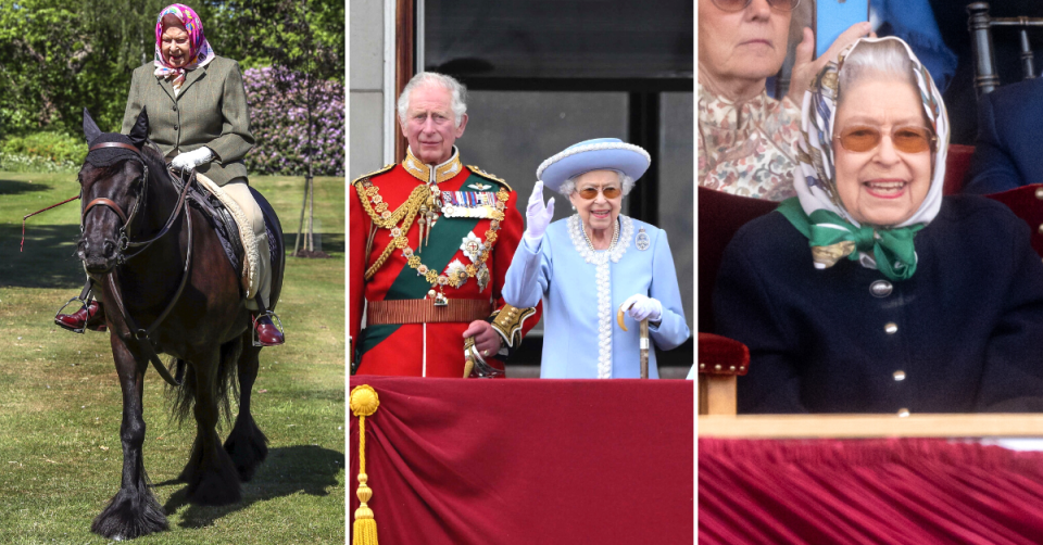 Left: The Queen on horseback. Middle: The Queen waving from a balcony with Prince Phillip. Right: The Queen sitting and smiling at a royal event 