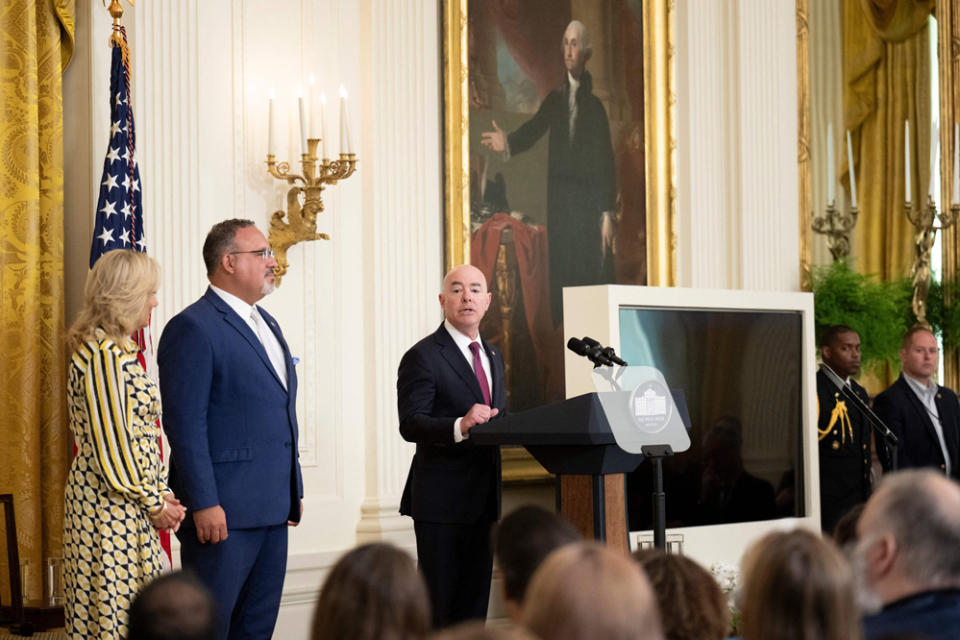 First Lady Jill Biden and Education Secretary Miguel Cardona look on as Homeland Security Secretary Alejandro Mayorkas speaks during a back-to-school K-12 cybersecurity summit at the White House on Aug. 8. (Getty Images)