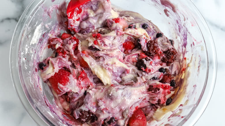 old fashioned summer berry buckle batter in a bowl