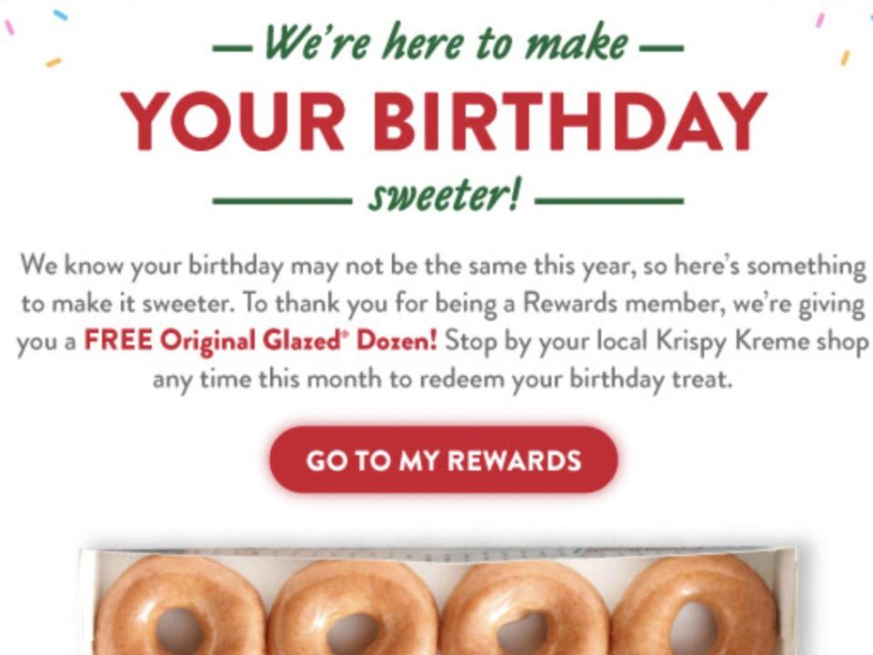 A promotional email from Krispy Kreme offers a free dozen donuts.