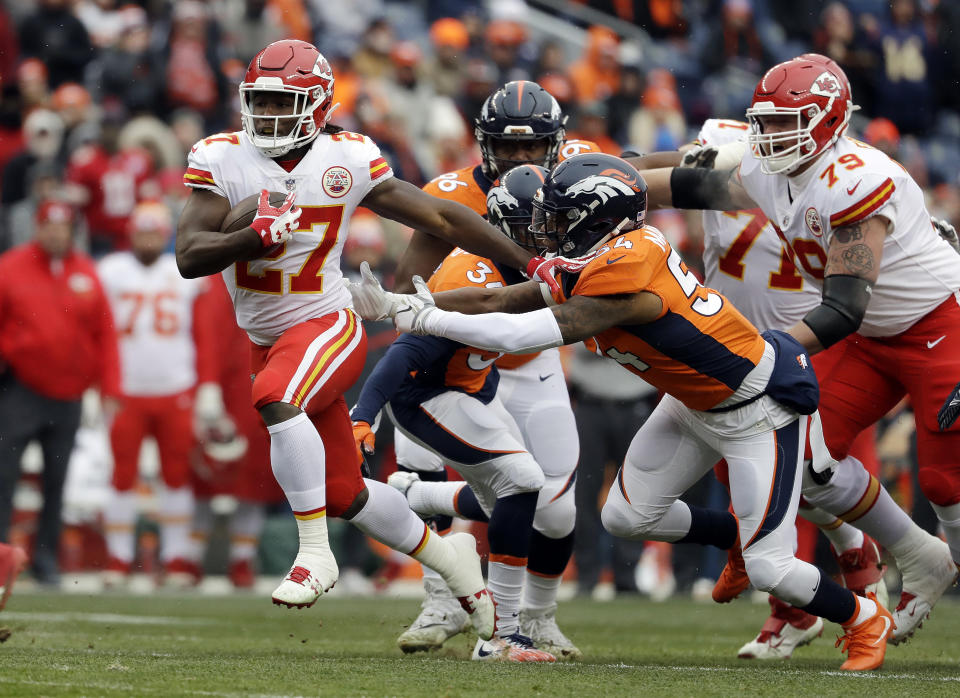 Kansas City Chiefs running back Kareem Hunt could disappoint coming off a two-touchdown performance. (AP Photo/Jack Dempsey)