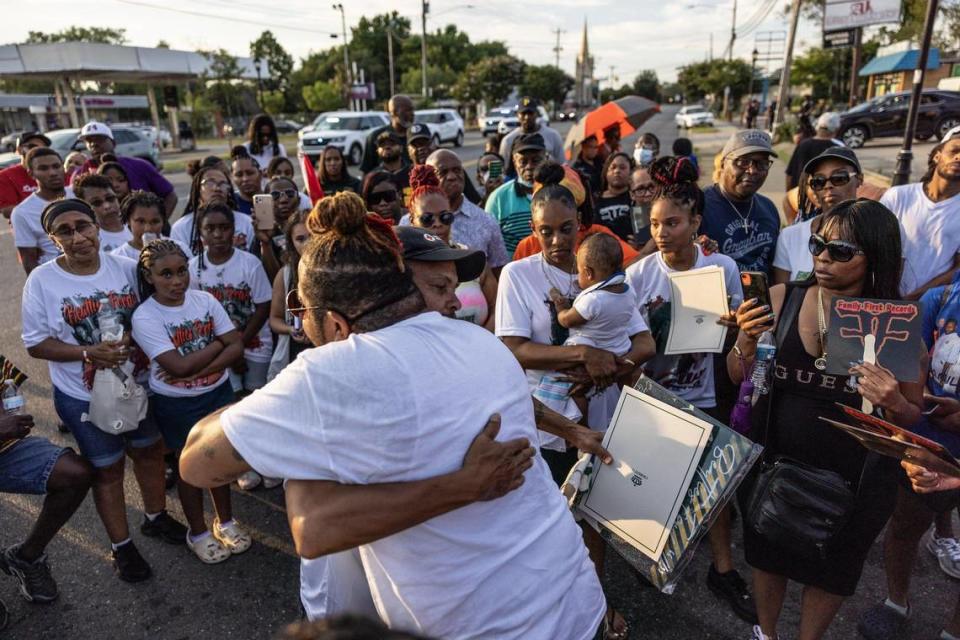 Family and friends gather for a memorial for the four people killed in the Juneteenth shooting on Beatties Ford Road two years ago in Charlotte on Wednesday.