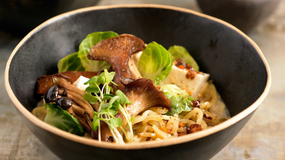 There's a surprise ingredient in this spicy dish that we never saw coming: soy milk. The lactose-free milk gives the broth a luxurious, creamy feel that isn't too heavy. For texture, Volger adds tender-roasted mushrooms (any combination of shiitake, oyster, cremini and white button mushrooms works great), raw Brussels-sprout leaves and some sort of delicate green, such as shoots or microgreens. <br /><br /><strong>Get the recipe: <a href="http://www.oprah.com/food/Autumn-Ramen-Recipe" target="_blank">Autumn Ramen</a></strong>