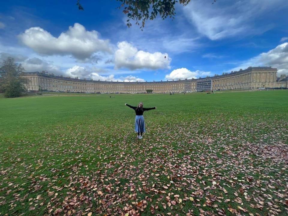 Mikhaila Friel photographed outside Royal Crescent in Bath.