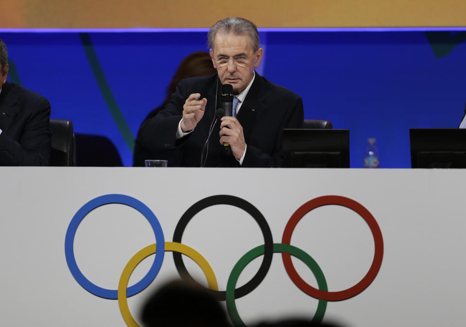 FILE - In this Saturday, Sept. 7, 2013 file photo, International Olympic Committee (IOC) President Jacques Rogge addresses the IOC session during the 2020 bid presentation during the International Olympic Committee session in Buenos Aires,, Argentina. The International Olympic Committee on Sunday, Aug, 29, 2021 says Jacques Rogge who led the organization as president for 12 years, has died. He was 79. (AP Photo/Natacha Pisarenko, file)