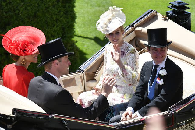 <p>Kirstin Sinclair/Getty Images for Royal Ascot</p> Princess Beatrice and Edoardo Mapelli Mozzi arrive at Royal Ascot 2023