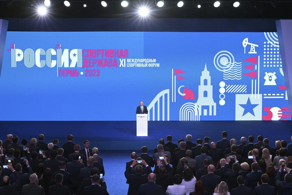 Russian President Vladimir Putin delivers his speech during a plenary session of the Russia - Country of Sports International Sports Forum in Perm, Russia, Thursday, Oct. 19, 2023. (Evgeny Biyatov, Sputnik, Kremlin Pool Photo via AP)