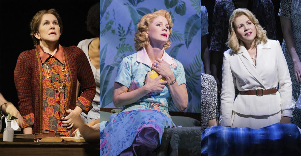 This combination of images released by The Metropolitan Opera shows mezzo-soprano Joyce DiDonato, left, soprano Kelli O’Hara, center, and soprano Renée Fleming in separate scenes during a performance of Kevin Puts' "The Hours." (Evan Zimmerman/The Metropolitan Opera via AP)