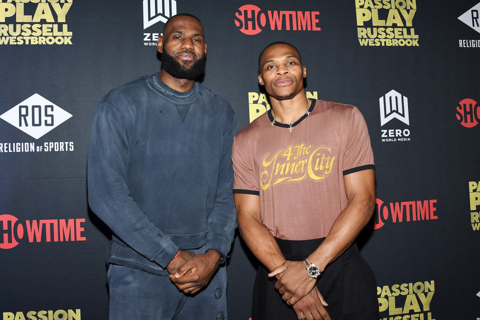 <p>LeBron James supports teammate Russell Westbrook at the premiere of <em>Passion Play: Russell Westbrook</em> at iPic Theaters on Oct. 11 in L.A.</p>