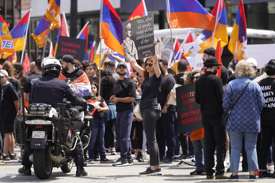 Armenian Americans commemorate the 108th anniversary of the Armenian Genocide Remembrance Day with a protest outside the Consulate of Turkey in Beverly Hills, Calif., Monday, April 24, 2023.c(AP Photo/Damian Dovarganes)