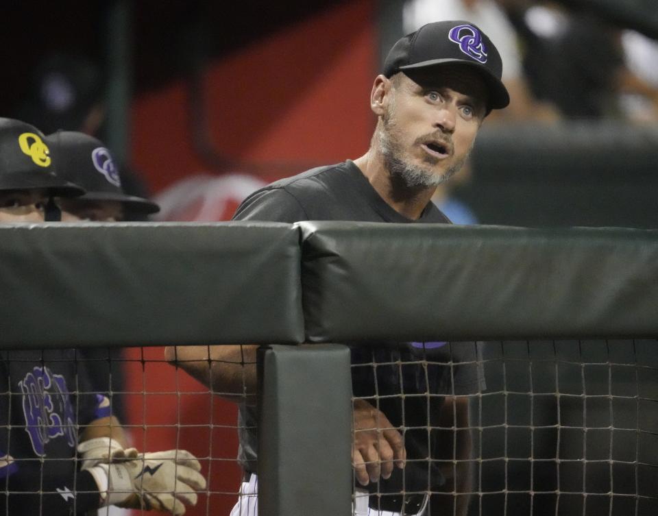 Queen Creek head coach Mikel Moreno talks to a player during the 6A state baseball final against Sandra Day O'Connor at Tempe Diablo Stadium on May 14, 2024.