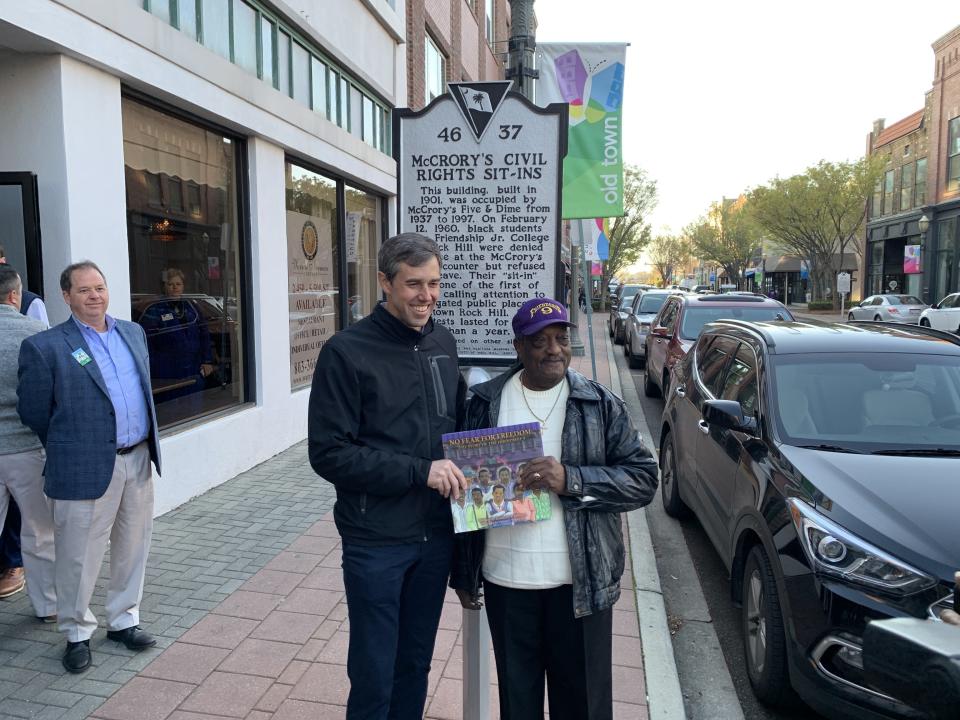 Beto O'Rourke meets Willie McLeod, one of the Friendship Nine, in Rock Hill, South Carolina. (Photo: Igor Bobic / HuffPost)