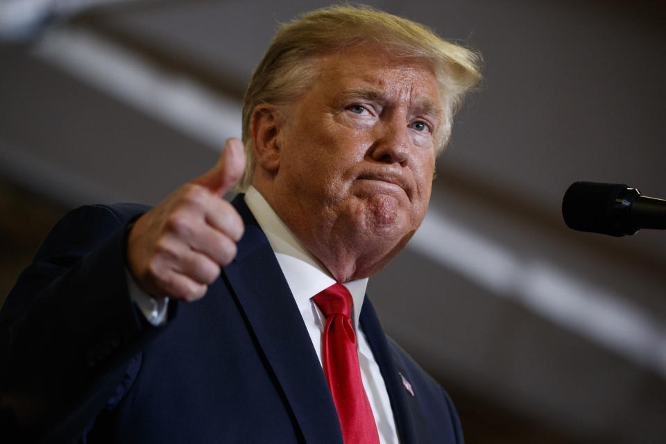 President Donald Trump speaks during a campaign rally at the Crown Expo, Monday, Sept. 9, 2019, in Fayetteville, N.C. (AP Photo/Evan Vucci)