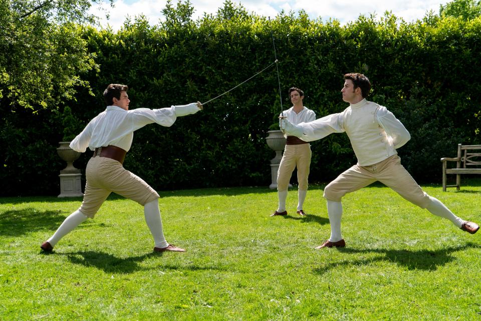 Hello, "Bridgerton" boys. From L to R: Luke Newton as Colin Bridgerton, Luke Thompson as Benedict Bridgerton and Jonathan Bailey as Anthony Bridgerton in a scene from Season 2.