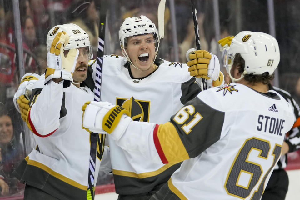 Vegas Golden Knights left wing Pavel Dorofeyev, center, celebrates after scoring against the New Jersey Devils during the first period of an NHL hockey game, Monday, Jan. 22, 2024, in Newark, N.J. (AP Photo/Mary Altaffer)