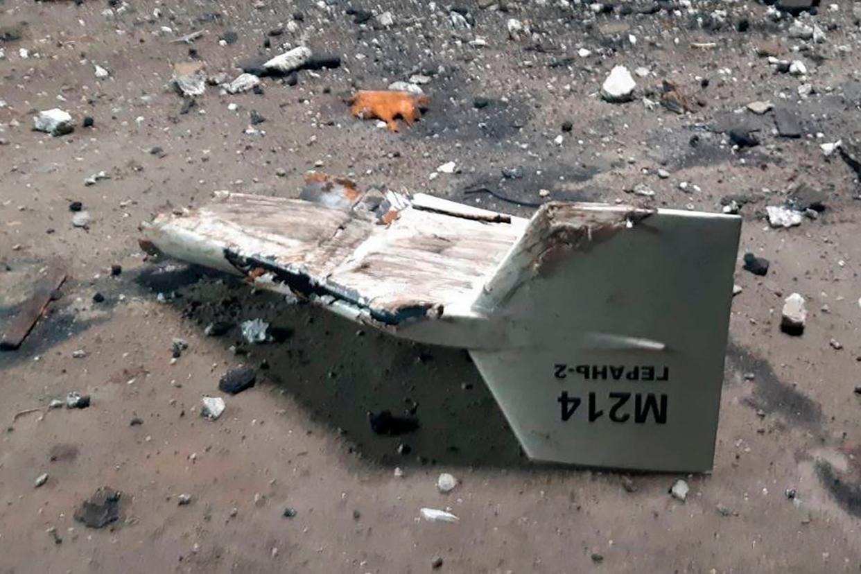 Wreckage of what Kyiv has described as an Iranian Shahed drone downed near Kupiansk (AP)