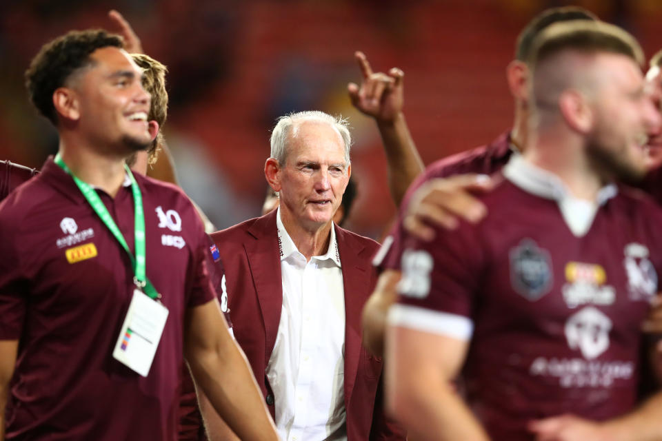 BRISBANE, AUSTRALIA - NOVEMBER 18: Maroons coach Wayne Bennett looks on after winning game three of the State of Origin series between the Queensland Maroons and the New South Wales Blues at Suncorp Stadium on November 18, 2020 in Brisbane, Australia. (Photo by Chris Hyde/Getty Images)