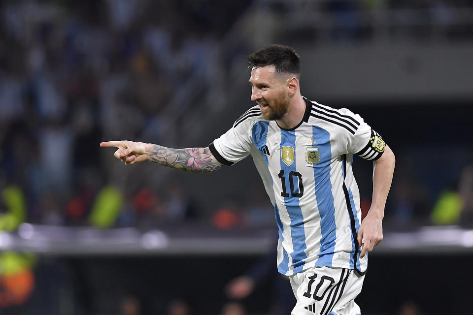 SANTIAGO DEL ESTERO, ARGENTINA - MARCH 28: Lionel Messi of Argentina celebrates after scoring the team's first goal during an international friendly match between Argentina and Curaçao at Estadio Unico Madre de Ciudades on March 28, 2023 in Santiago del Estero, Argentina. (Photo by Hernan Cortez/Getty Images)