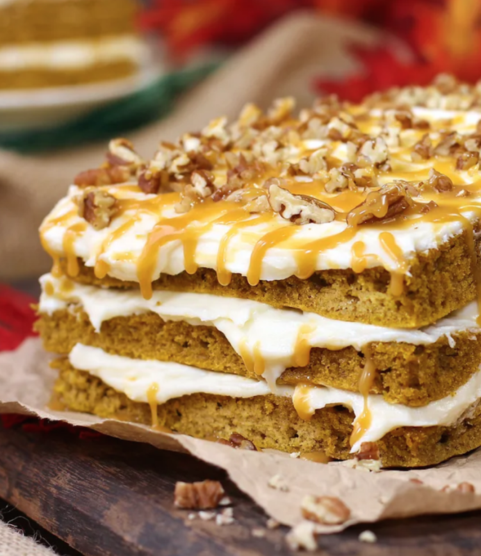 <p>Donna Elick</p><p>This harvest pumpkin spice cake with cheesecake frosting is moist and delicious. It is loaded with delicious fall spices and then layered with the most scrumptious cheesecake frosting you have ever eaten. </p><p><strong>Get the recipe: <em><a href="https://parade.com/167834/donnaelick/harvest-pumpkin-spice-cake-with-cheesecake-frosting/" rel="nofollow noopener" target="_blank" data-ylk="slk:Harvest Pumpkin Spice Cake with Cheesecake Frosting;elm:context_link;itc:0;sec:content-canvas" class="link ">Harvest Pumpkin Spice Cake with Cheesecake Frosting</a></em></strong></p>