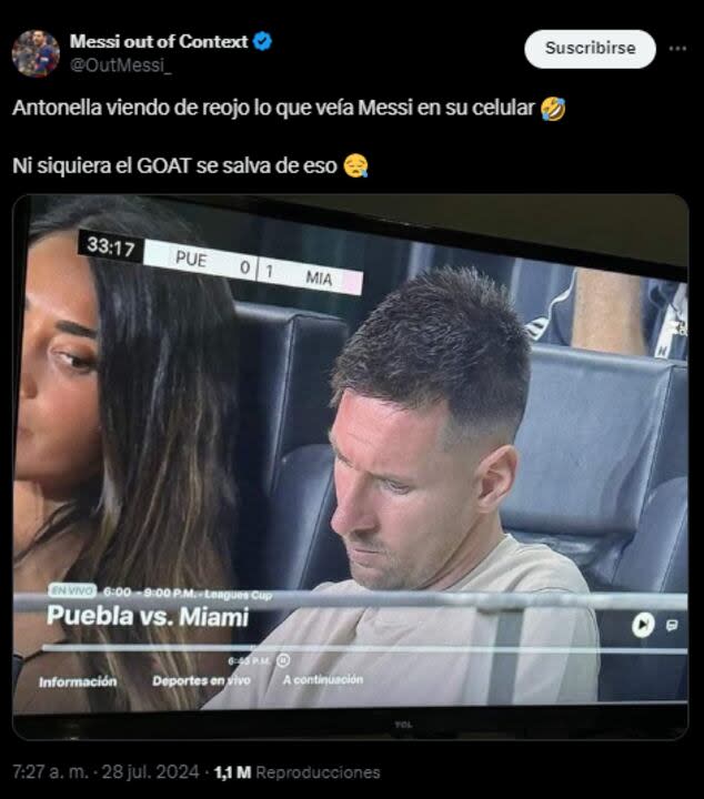 Anto miró de reojos el celular de Leo y a imagen se viralizó en redes sociales (Foto: X @OutMessi_)