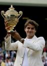 <p>Roger Federer of Switzerland holds aloft the trophy after winning the Men’s final against Rafael Nadal on July 9, 2006 in London, England. </p>