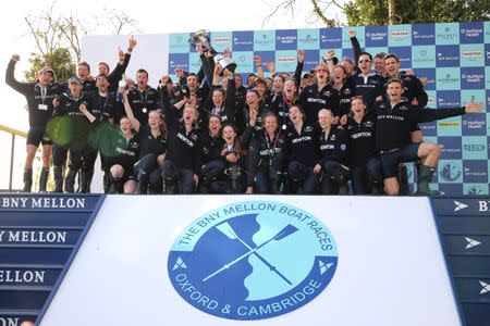 Oxford celebrate winning the BNY Mellon 2015 Oxford v Cambridge University Boat Race, River Thames, London. Action Images via Reuters / Paul Childs