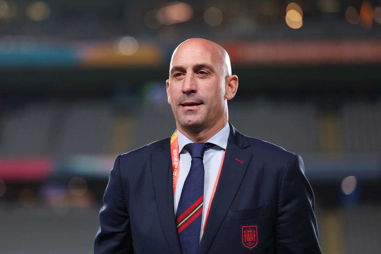 AUCKLAND, NEW ZEALAND - AUGUST 15: Luis Rubiales, President of the Royal Spanish Football Federation looks on prior to the FIFA Women's World Cup Australia & New Zealand 2023 Semi Final match between Spain and Sweden at Eden Park on August 15, 2023 in Auckland / Tāmaki Makaurau, New Zealand. (Photo by Maja Hitij - FIFA/FIFA via Getty Images)