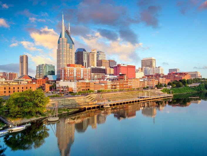 Nashville, Tennessee downtown skyline at Cumberland River.