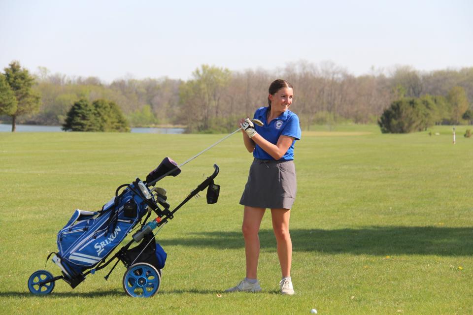 Perry's Zoey Vail gets set during a triangular on Thursday, May 4, 2023, at Don Williams Golf Course in Ogden.