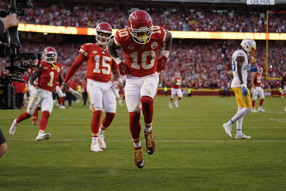 Kansas City Chiefs running back Isiah Pacheco (10) celebrates after scoring during the second half of an NFL football game against the Los Angeles Chargers Sunday, Oct. 22, 2023, in Kansas City, Mo. (AP Photo/Ed Zurga)