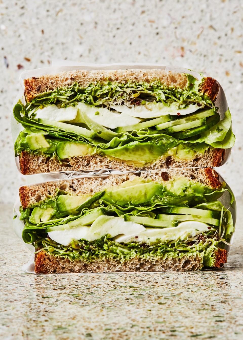 In a veggie-centric sandwich, the cheese makes all the difference. Use the freshest mozzarella you can find here—or better yet, <a href="https://www.youtube.com/watch?v=toIlzxdB0rY" rel="nofollow noopener" target="_blank" data-ylk="slk:make your own;elm:context_link;itc:0;sec:content-canvas" class="link ">make your own</a>. <a href="https://www.bonappetit.com/recipe/green-goddess-crunch-sandwich?mbid=synd_yahoo_rss" rel="nofollow noopener" target="_blank" data-ylk="slk:See recipe.;elm:context_link;itc:0;sec:content-canvas" class="link ">See recipe.</a>