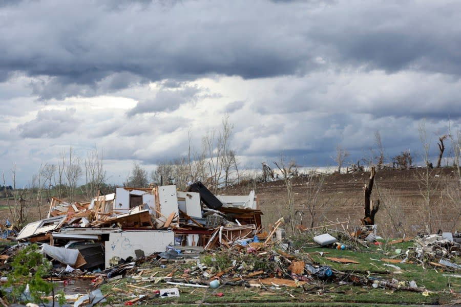 Damaged is seen after a tornado leveled homes near Omaha, Neb., on Friday, April 26, 2024. (Nikos Frazier/Omaha World-Herald via AP)