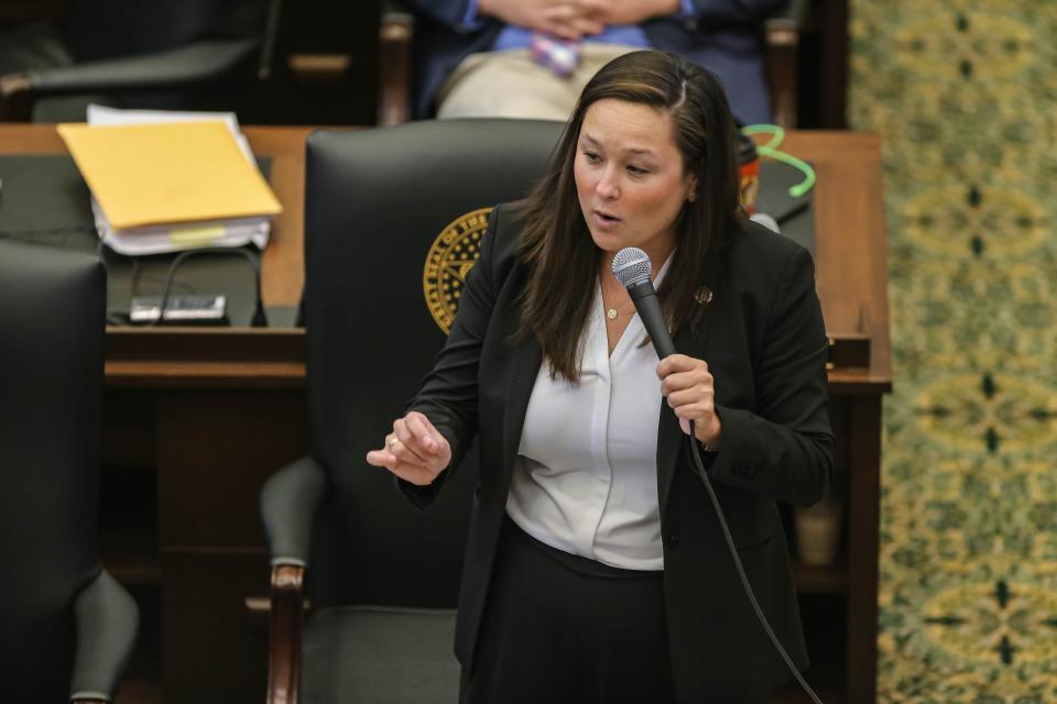 House Minority Leader Cyndi Munson, D-Oklahoma City, urges lawmakers to vote no on House Bill 4327 on May 19, 2022, during debate in the House of Representatives at the state Capitol.