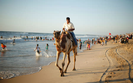 A Palestinian man rides a camel on a beach in Gaza City. REUTERS/Suhaib Salem