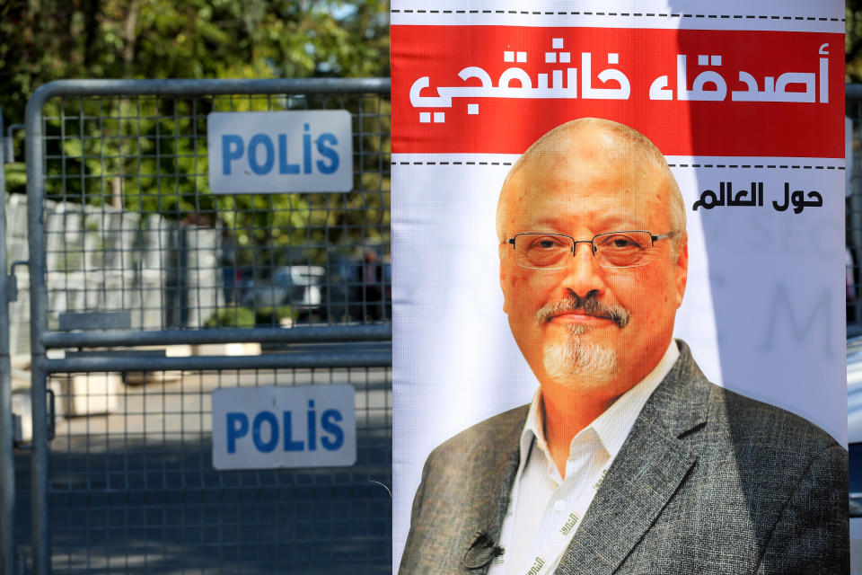 ISTANBUL, TURKEY - OCTOBER 02: A poster of murdered Saudi Arabian journalist Jamal Khashoggi is seen outside the Saudi consulate during a commemoration event marking the second anniversary of his murder in Istanbul, Turkey on October 02, 2020. (Photo by Muhammed Enes Yildirim/Anadolu Agency via Getty Images)