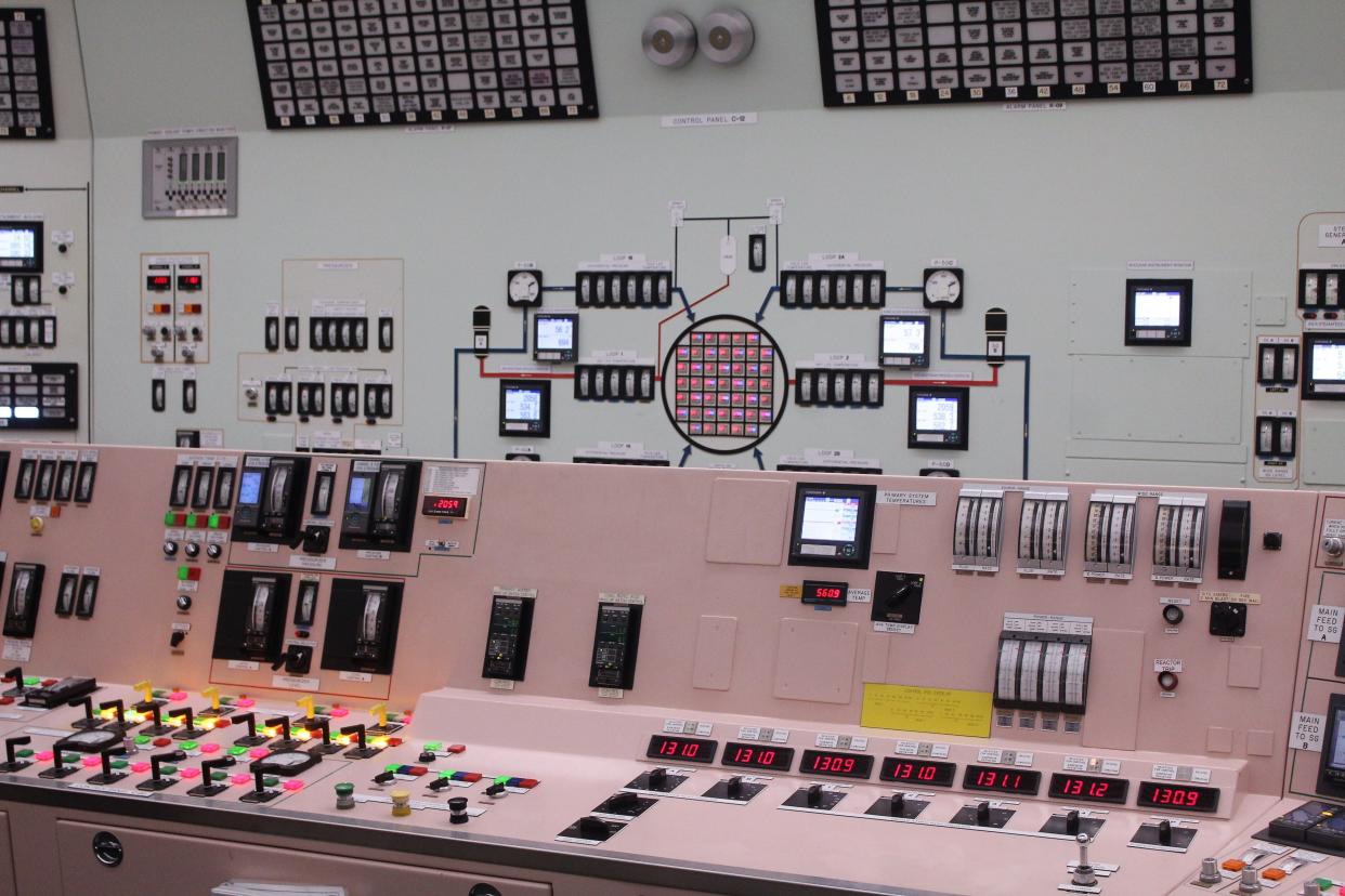 A portion of a simulated control room at Palisades Nuclear Power Plant used for staff training.