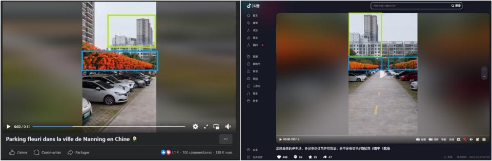 <span>Comparaison des vidéos Facebook (à gauche) et Douyin (à droite) montrant le parking fleuri, captures d'écran prises le 30/05/2024</span>
