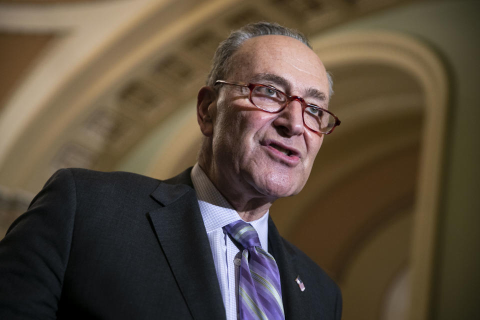 Senate Minority Leader Chuck Schumer, a Democrat from New York, speaks during a news conference following a weekly policy luncheon on Capitol Hill in Washington, D.C., U.S., on Tuesday, Feb. 12, 2019. President Donald Trump is playing down the threat of a second partial government shutdown as Republicans in Congress clear a path for him to accept a deal on border security funding. Photographer: Al Drago/Bloomberg via Getty Images