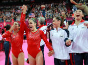 Alexandra Raisman, Jordyn Wieber, Mc Kayla Maroney and Kyla Ross of the United States celebrate during the final rotation in the Artistic Gymnastics Women's Team final on Day 4 of the London 2012 Olympic Games at North Greenwich Arena on July 31, 2012 in London, England. (Photo by Ronald Martinez/Getty Images)