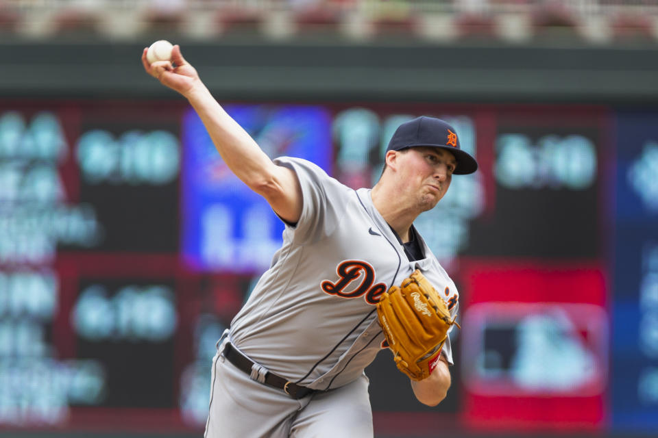 Detroit Tigers relief pitcher Kyle Funkhouser throws to the Minnesota Twins in the first inning of a baseball game, Saturday, July 10, 2021, in Minneapolis. (AP Photo/Andy Clayton-King)