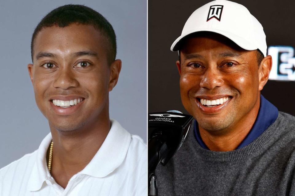 <p>PGA TOUR Archive via Getty; Ronald Martinez/Getty</p> Tiger Woods in 1997 and 2023