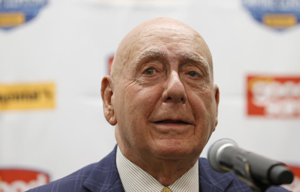 LAS VEGAS, NEVADA - NOVEMBER 23:  ESPN college basketball analyst Dick Vitale speaks during a news conference before a game between the No. 1 Gonzaga Bulldogs and the No. 2 UCLA Bruins at T-Mobile Arena on November 23, 2021 in Las Vegas, Nevada. Vitale, who is undergoing chemotherapy for cancer, got clearance from his doctor to start his 43rd season at ESPN by calling the game alongside Dave O’Brien.  (Photo by Ethan Miller/Getty Images)