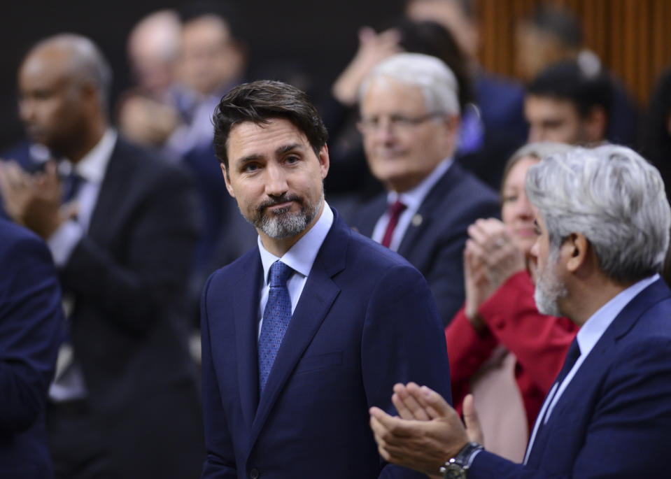 Canada Prime Minister Justin Trudeau delivers a statement in the House of Commons on Parliament Hill in Ottawa, Tuesday, Feb. 18, 2020,, regarding infrastructure disruptions caused by blockades across the country. (Sean Kilpatrick/The Canadian Press via AP)