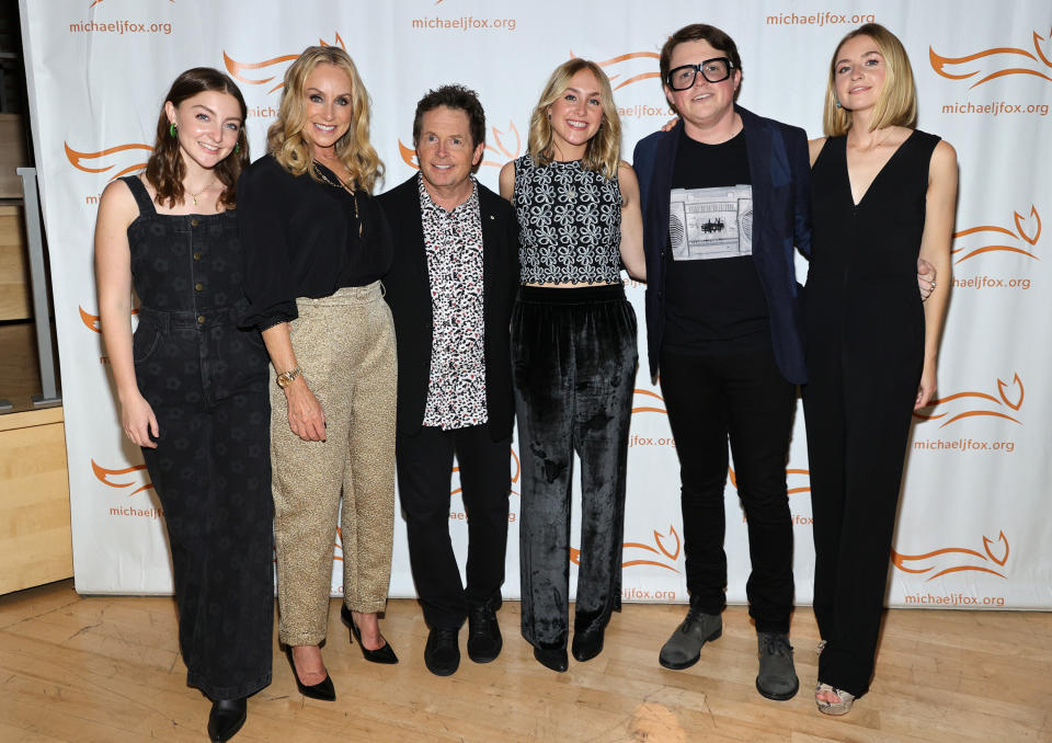 Esme Fox, Tracy Pollan, Michael J. Fox, Schuyler Fox, Sam Fox, and Aquinnah Fox are seen at the A Funny Thing Happened On The Way To Cure Parkinson's event on October 23, 2021