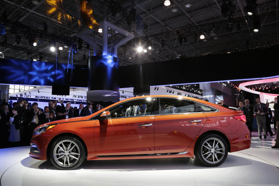 The 2015 Hyundai Sonata is introduced at the New York International Auto Show, Wednesday, April 16, 2014 in New York. (AP Photo/Mark Lennihan)