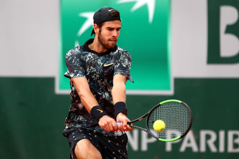 Karen Khachanov of Russia during his mens singles first round match against Cedrik-Marcel Stebe of Germany during Day three of the 2019 French Open at Roland Garros on May 28, 2019 in Paris, France. (Photo by Clive Brunskill/Getty Images)