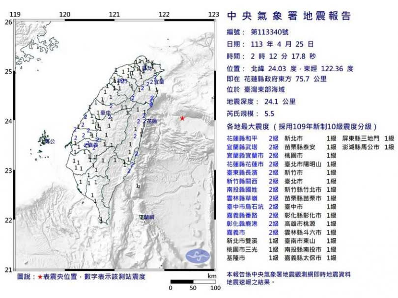 凌晨2時12分地震。（圖／氣象署）