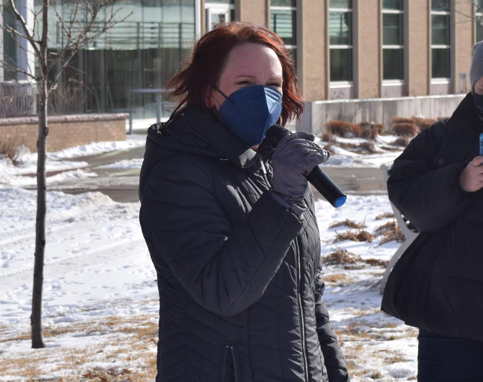 Susan Williams, executive director of the Transformation Project and Transformation Project Advocacy Network, speaks at Van Eps Park as part of a "Protect Trans Kids rally" in Sioux Falls on Sunday afternoon, Jan. 16, 2022 in support of transgender rights.