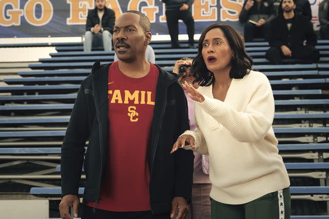 <p>Claudette Barius/Prime Video</p> Eddie Murphy and Tracee Ellis Ross in Candy Cane Lane